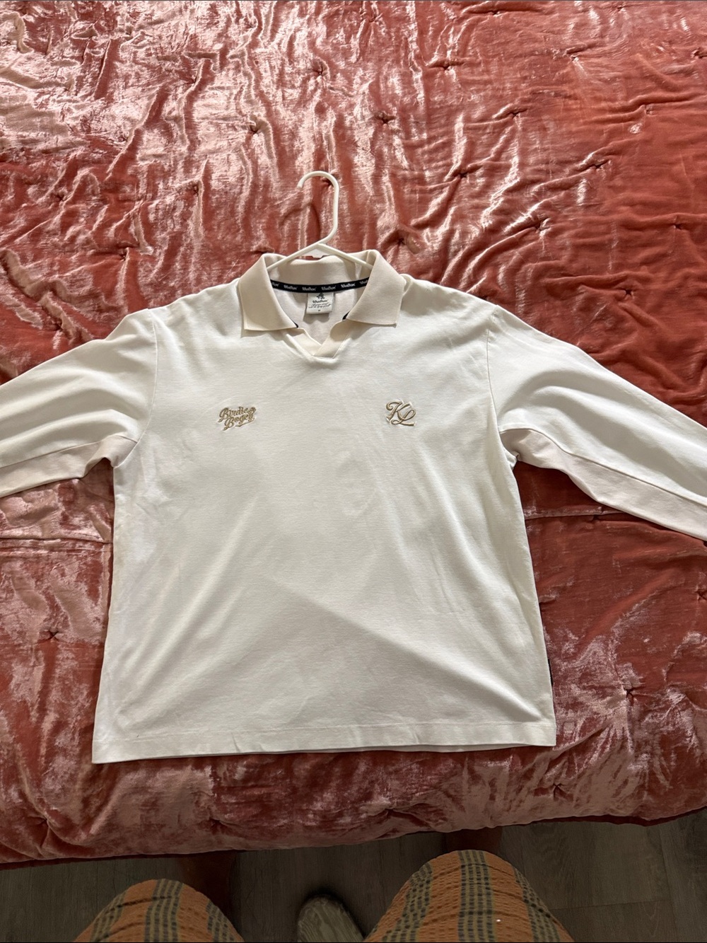 Men's White Long-Sleeve Polo with Beige Embroidered Logos